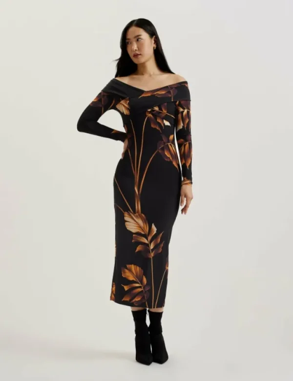 Josefen Printed Bardot Long Sleeve Midi Dress<Ted Baker New