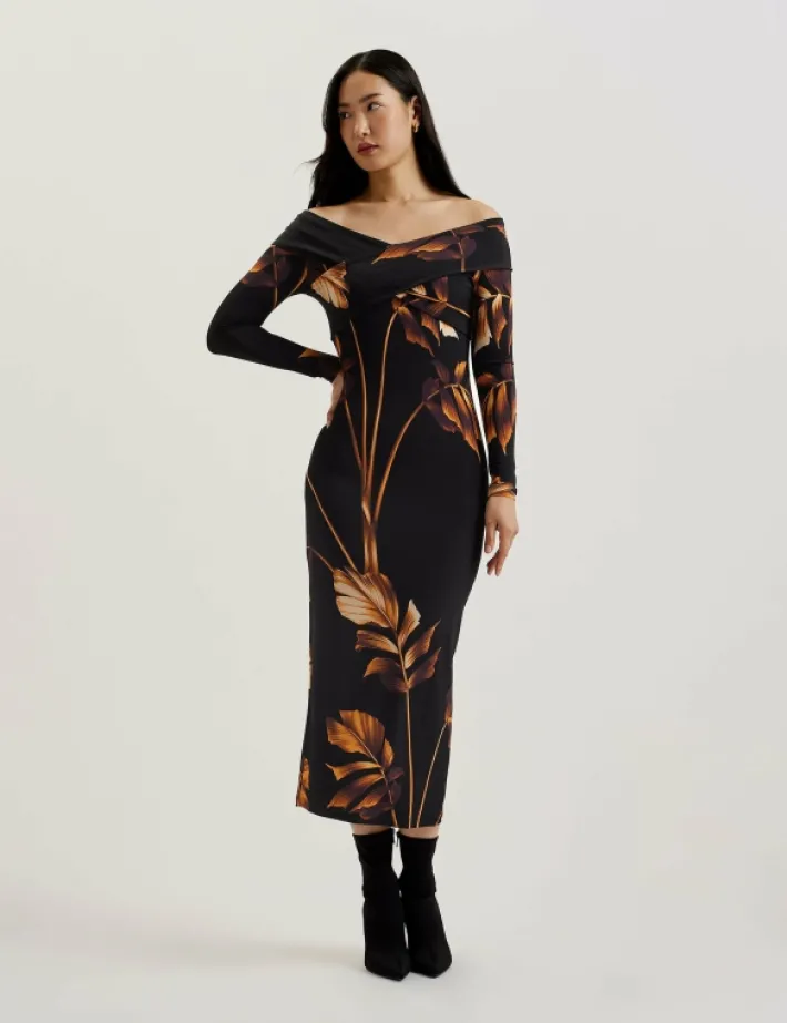josefen_printed_bardot_lo_0.webp Josefen Printed Bardot Long Sleeve Midi Dress<Ted Baker New