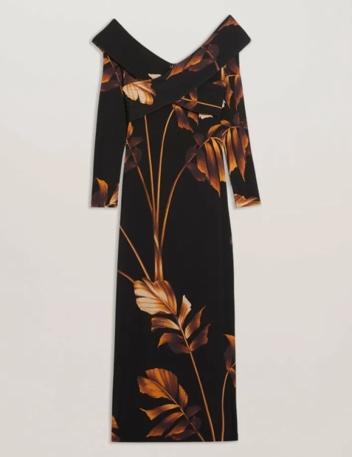josefen_printed_bardot_lo_5.webp Josefen Printed Bardot Long Sleeve Midi Dress<Ted Baker New