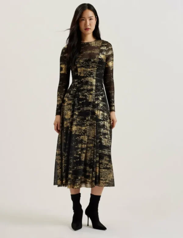 Junhaa Foil Print Long Sleeve Mesh Midi Dress<Ted Baker Sale