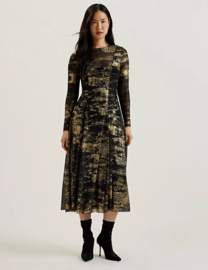 junhaa_foil_print_long_sl_0.webp Junhaa Foil Print Long Sleeve Mesh Midi Dress<Ted Baker Sale