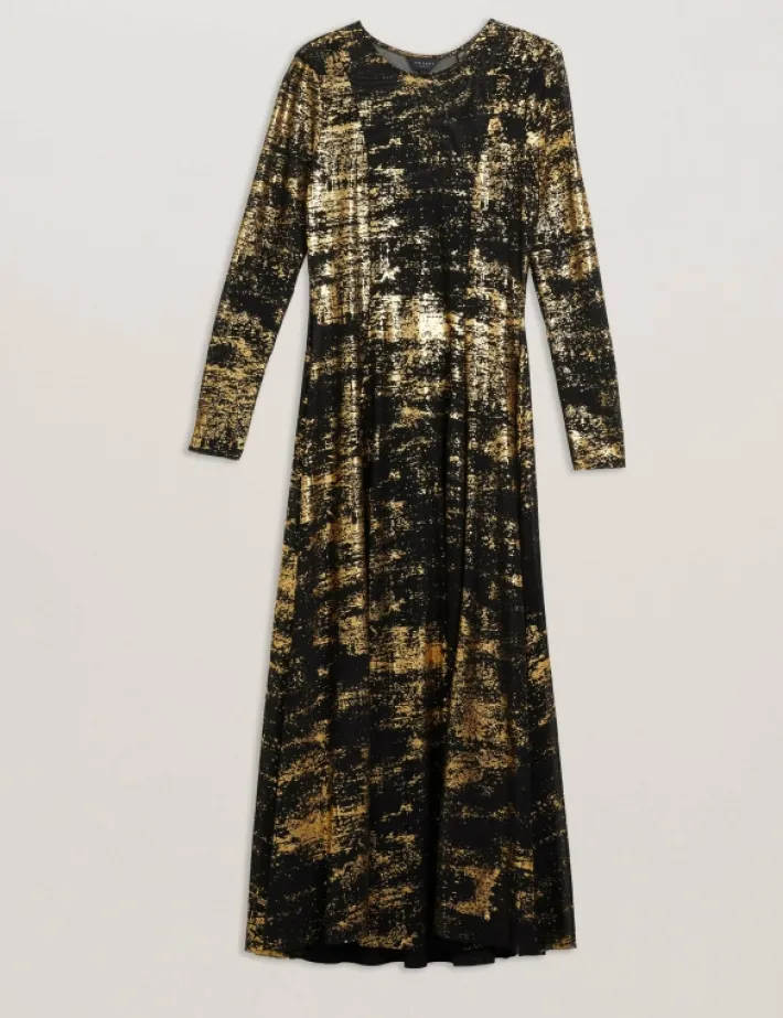 junhaa_foil_print_long_sl_5.webp Junhaa Foil Print Long Sleeve Mesh Midi Dress<Ted Baker Sale