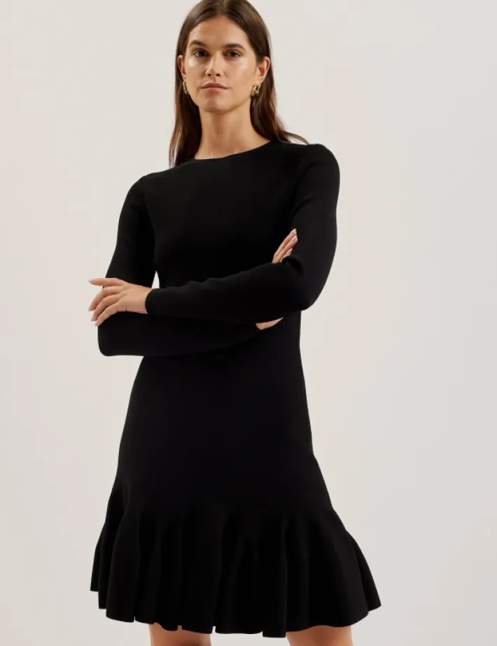 loisss_flounce_hem_long_s_0.webp Loisss Flounce Hem Long Sleeve Knitted Mini Dress<Ted Baker Cheap
