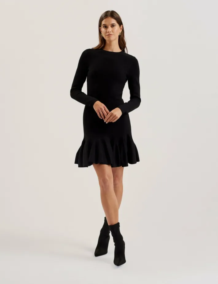 loisss_flounce_hem_long_s_1.webp Loisss Flounce Hem Long Sleeve Knitted Mini Dress<Ted Baker Cheap
