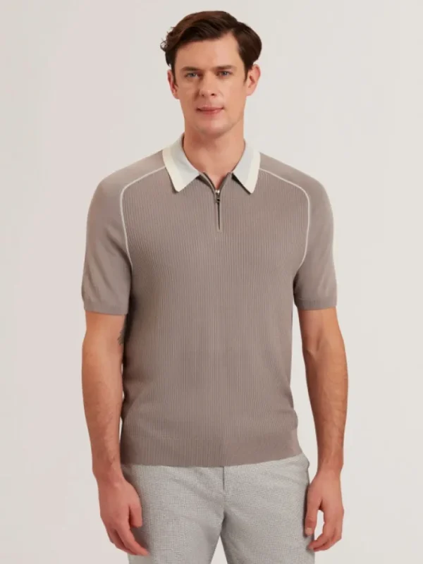 Paxto Textured Zip Polo With Striped Collar<Ted Baker Sale
