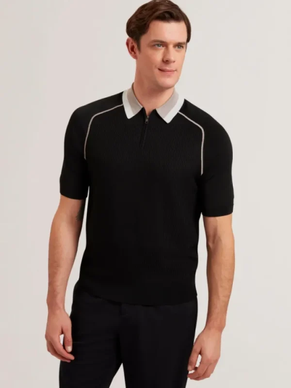 Paxto Textured Zip Polo With Striped Collar<Ted Baker Outlet