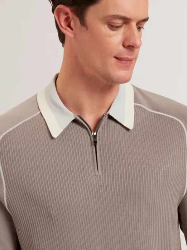 Paxto Textured Zip Polo With Striped Collar<Ted Baker Sale