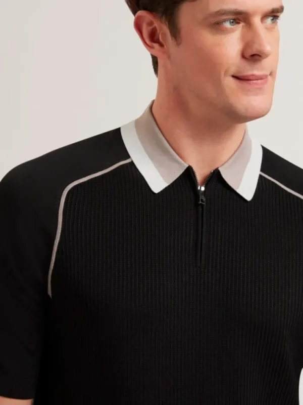 Paxto Textured Zip Polo With Striped Collar<Ted Baker Outlet