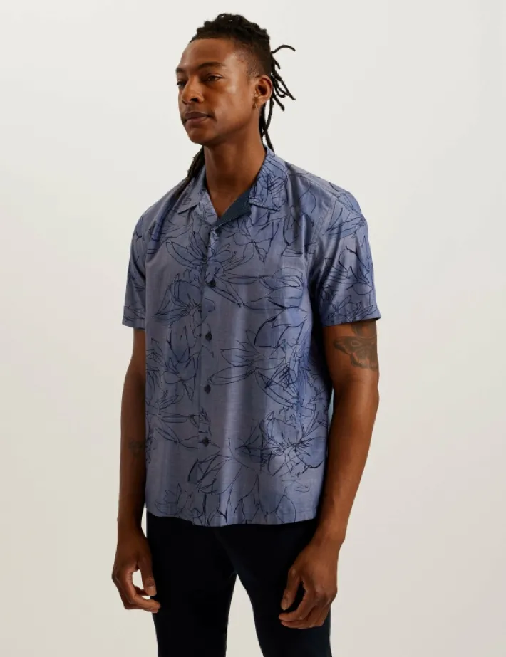 terroni_short_sleeve_flor_0.webp Terroni Short Sleeve Floral Chambray Cotton Shirt<Ted Baker Cheap